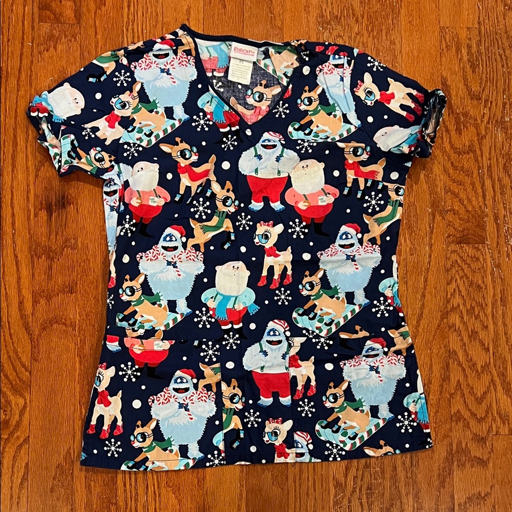 Rudolph Red-Nosed Reindeer Christmas Scrub Top - Picture 2 of 4